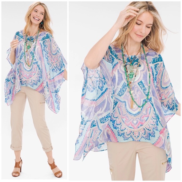 Chico's Accessories - Chico’s Pastel Ikat Linen Poncho Lightweight Pastel Colors Size Small/Medium